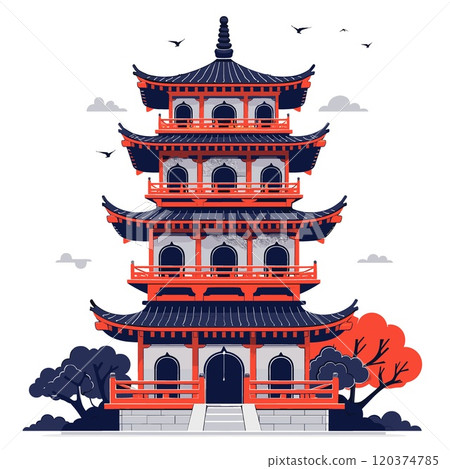 Chinese temple building. Vector illustration in flat style. Chinese temple design 120374785