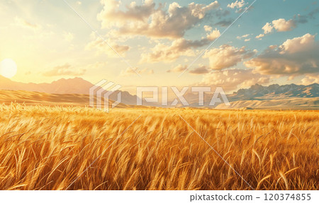 Golden wheat field at sunset with rolling mountains in the distance, bathed in warm, soft sunlight, symbolizing peace and abundance Golden wheat field at sunset with rolling mountains in the distance, bathed in warm, soft sunlight, symbolizing peace and abundance 120374855