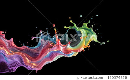 Vibrant splash of colorful liquid on a black background, creating a dynamic and abstract wave of swirling hues and fluid motion 120374856