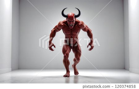 Muscular demon with red skin and sharp horns in an aggressive stance, embodying power, rage, and fantasy, set against a stark white minimalistic room 120374858