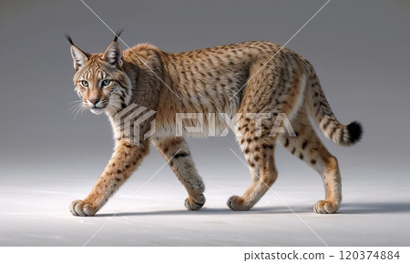 lynx walks elegantly in a studio, highlighting its beautiful spotted fur, sharp ears, and intense gaze. A striking image of a wild cat in motion lynx walks elegantly in a studio, highlighting its beautiful spotted fur, sharp ears, and intense gaze. A striking image of a wild cat in motion 120374884