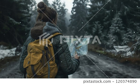 A lone hiker with a yellow backpack studies a map in a misty, snow-covered forest, capturing a sense of adventure, exploration, and connection with nature in the wilderness 120374890