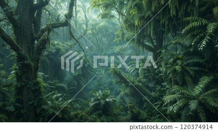 Mystical rainforest landscape shrouded in morning mist. Dense canopy of lush ferns and ancient trees creates ethereal atmosphere in this pristine jungle environment 120374914