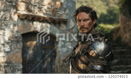 Medieval warrior in ornate black armor stands before ancient stone castle wall. Intense gaze and weathered expression convey strength and determination in this historical drama scene 120374915
