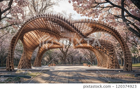An intricate wooden pavilion with flowing curves, surrounded by blooming cherry blossoms in a tranquil park. A stunning fusion of nature and modern architecture 120374923