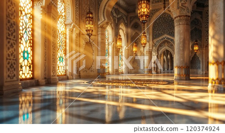 A grand mosque interior bathed in golden sunlight with ornate arches, intricate patterns, and majestic hanging lanterns. A breathtaking celebration of Islamic artistry 120374924
