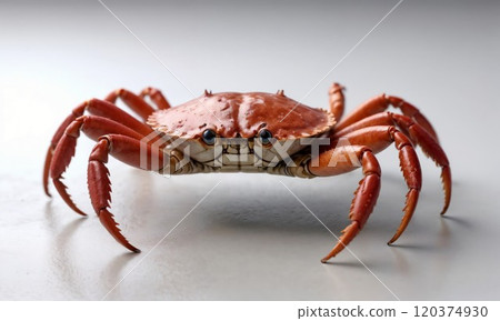 Close-up of a red crab with sharp claws and textured shell, standing on a smooth white surface, looking directly at the camera 120374930