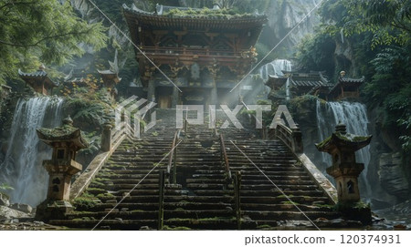 Ancient Buddhist temple nestled in misty mountains, with twin waterfalls cascading beside worn stone steps leading to ornate wooden gates, surrounded by lush greenery and traditional lanterns 120374931