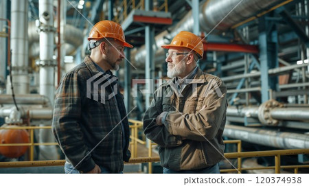 Two industrial workers in hardhats having discussion inside manufacturing facility, surrounded by pipes and equipment in factory setting 120374938