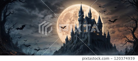 A gothic castle stands on a misty hill under a large, glowing full moon, surrounded by flying bats and eerie, twisted trees, evoking a dark, haunting atmosphere 120374939