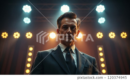 A confident man in a suit stands under dramatic stage lighting, with intense expressions and powerful ambiance, evoking authority and presence 120374945