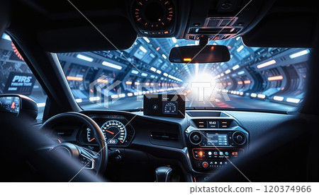 The view from a car interior speeding through a futuristic tunnel, with bright lights and a high-tech dashboard displaying speed and controls. The scene is dynamic and immersive The view from a car interior speeding through a futuristic tunnel, with bright lights and a high-tech dashboard displaying speed and controls. The scene is dynamic and immersive 120374966