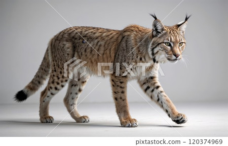 A majestic lynx prowls gracefully, showing off its spotted fur, tufted ears, and intense gaze. The lynx's sleek, muscular body and alert stance highlight its elegance and predatory nature 120374969