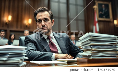 Professional in a dark suit and red tie sits at a desk piled with documents in what appears to be a courtroom or government hearing room, with wood-paneled walls and warm lighting 120374970