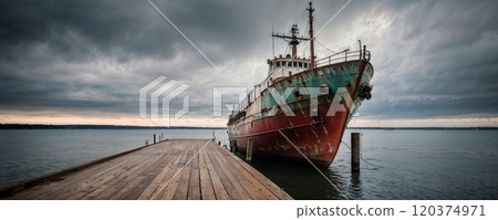 An old weathered fishing vessel with turquoise and red hull moored at a wooden pier under dramatic stormy skies, creating a moody panoramic seascape 120374971