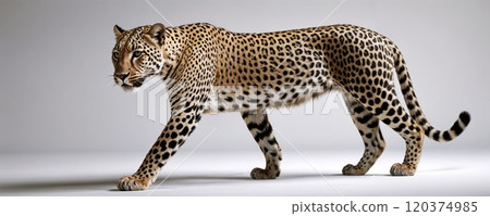 Majestic leopard with distinctive spotted coat walking gracefully against neutral background, showcasing its powerful build and natural hunting stance 120374985