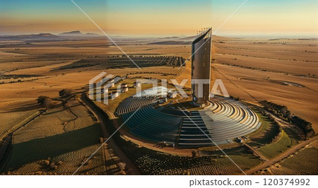 Aerial drone view of Gemasolar Thermosolar Plant. Solar energy. Green energy. Alternatives to fossil fuel. Environmentally friendly. Concentrated solar power plant. Renewable energy 120374992