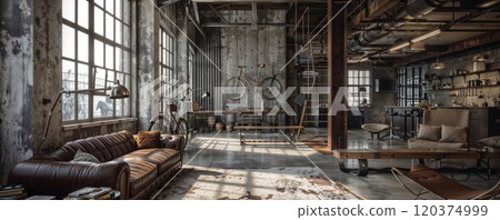 Stunning industrial loft with vintage elements and modern design. Panoramic view of converted warehouse space featuring exposed concrete walls, floor-to-ceiling windows, furniture, and vintage 120374999