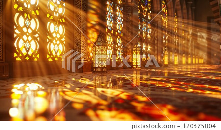 A beautifully lit interior with intricate stained glass windows casting warm, colorful patterns on the floor, enhanced by ornate lanterns and rich architectural details 120375004