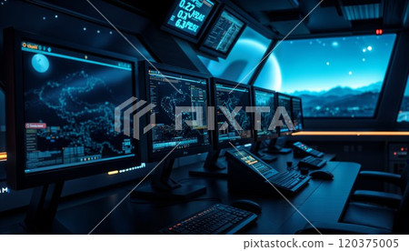 Futuristic control room with multiple monitors displaying digital maps and data in cool blue tones. High-tech command center setup with advanced monitoring systems and dramatic lighting creates sci-fi 120375005