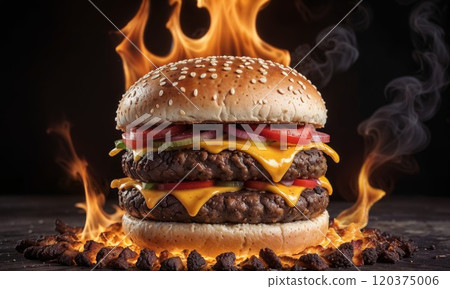 Epic double cheeseburger engulfed in flames on dark background. Juicy beef patties with melted cheese, fresh vegetables, and sesame bun create ultimate food photography drama with fire and smoke 120375006