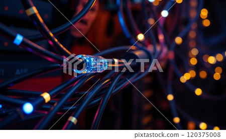 Dramatic close-up of fiber optic cables with glowing blue connector against dark background. Modern telecommunications infrastructure with bokeh lights creates futuristic technology atmosphere 120375008