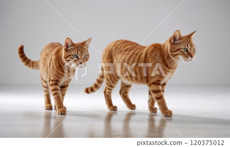 Two cute orange cats are standing close on a clean white surface 120375012