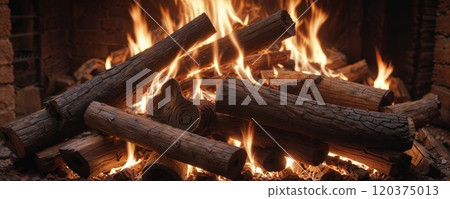 Burning logs in fireplace with vibrant orange flames. Close-up panoramic shot of crackling firewood creating cozy warmth with detailed wood texture and dancing fire 120375013