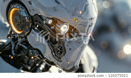 Here is a detailed closeup view of a robot s face that is wearing a helmet Here is a detailed closeup view of a robot s face that is wearing a helmet 120375021