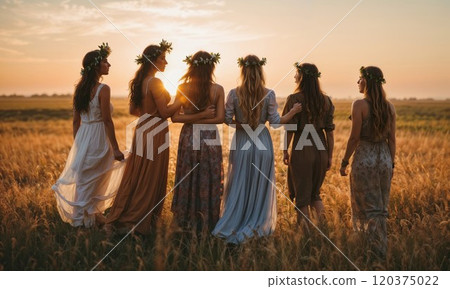 Six women in flowing dresses and floral crowns stand arm in arm in a golden field at sunset, symbolizing unity, friendship, and natural beauty 120375022