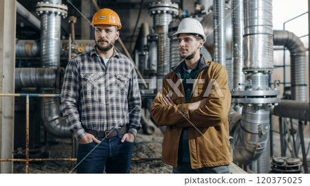 Two men in hard hats are standing together in a factory 120375025