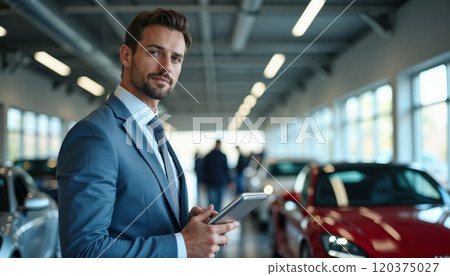 Confident young businessman in a well-fitted blue suit holds a tablet at a luxury car dealership, with vehicles and customers visible in the background Confident young businessman in a well-fitted blue suit holds a tablet at a luxury car dealership, with vehicles and customers visible in the background 120375027