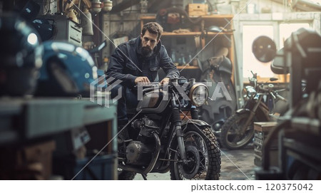 Bearded mechanic working on vintage motorcycle in atmospheric garage workshop. Custom bike builder in denim jacket focusing on restoration. Authentic scene of modern craftsman at work Bearded mechanic working on vintage motorcycle in atmospheric garage workshop. Custom bike builder in denim jacket focusing on restoration. Authentic scene of modern craftsman at work 120375042