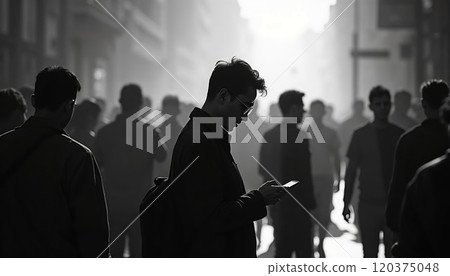 A black-and-white scene of a young man looking at his phone amidst a busy, blurred crowd, capturing a sense of isolation and introspection within urban life A black-and-white scene of a young man looking at his phone amidst a busy, blurred crowd, capturing a sense of isolation and introspection within urban life 120375048