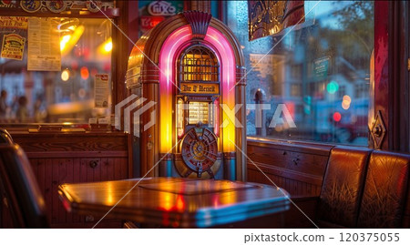A vintage jukebox in a cozy, dimly-lit diner booth with wooden interiors, neon glow, and nostalgic atmosphere, capturing the warmth and charm of classic Americana A vintage jukebox in a cozy, dimly-lit diner booth with wooden interiors, neon glow, and nostalgic atmosphere, capturing the warmth and charm of classic Americana 120375055