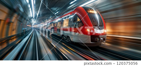 Modern red and white high-speed train rushing through illuminated underground tunnel with motion blur effect, showcasing urban transportation technology 120375056