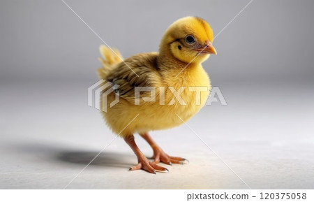 A small, fluffy yellow chick stands alone on a plain background, showcasing its soft feathers and innocent expression, symbolizing new life and purity A small, fluffy yellow chick stands alone on a plain background, showcasing its soft feathers and innocent expression, symbolizing new life and purity 120375058