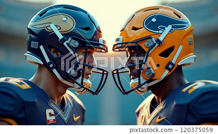 Two football players are standing face to face, wearing their helmets on 120375059