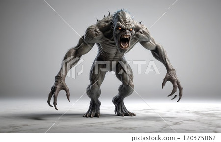 A menacing creature stands poised to attack, featuring muscular limbs, sharp claws, glowing eyes, and sharp teeth. Its body is covered with rough, gray skin, and spikes line its back 120375062