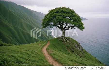 A tall tree situated on the highest point of a hill, gazing over the vast ocean A tall tree situated on the highest point of a hill, gazing over the vast ocean 120375066