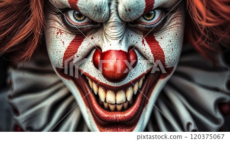 close-up of a sinister clown with a terrifying grin, red face paint, sharp teeth, and intense, piercing eyes. The clown's expression is menacing, with red hair framing its face, adding to the eerie close-up of a sinister clown with a terrifying grin, red face paint, sharp teeth, and intense, piercing eyes. The clown's expression is menacing, with red hair framing its face, adding to the eerie 120375067