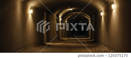 dimly lit, long tunnel with arched ceilings. The walls are lined with soft, warm lights, creating a moody atmosphere. The tunnel floor is strewn with small rocks, and the end of the tunnel is dark dimly lit, long tunnel with arched ceilings. The walls are lined with soft, warm lights, creating a moody atmosphere. The tunnel floor is strewn with small rocks, and the end of the tunnel is dark 120375175