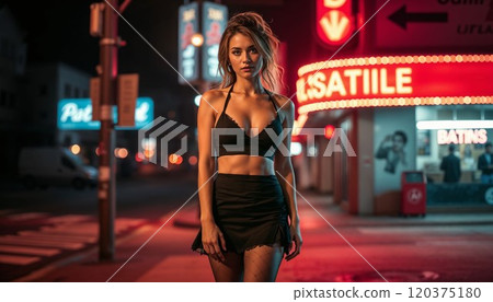 Striking urban fashion portrait illuminated by vibrant neon lights. Young woman in black crop top and skirt poses on city street at night, creating perfect blend of fashion and street photography 120375180