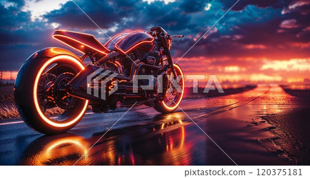 futuristic motorcycle with glowing neon lights along its frame and wheels, parked on a wet road. The sky in the background is vibrant with dramatic sunset colors of red, orange, and purple, reflecting 120375181