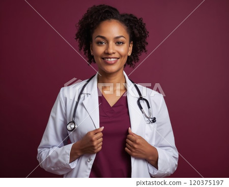 A confident healthcare professional wearing a white coat and stethoscope smiles warmly against a burgundy background. Her natural curly hair and burgundy scrubs complement the setting 120375197