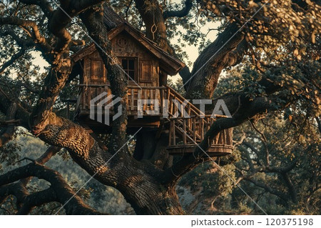 A charming, rustic treehouse nestled among thick branches of a large tree, bathed in warm sunlight, creating a cozy and adventurous woodland setting A charming, rustic treehouse nestled among thick branches of a large tree, bathed in warm sunlight, creating a cozy and adventurous woodland setting 120375198