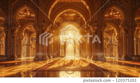 Sunlight streams through intricate golden arches in a grand hall with ornate patterns and rich decor, casting warm, mystical shadows on the polished floor 120375201