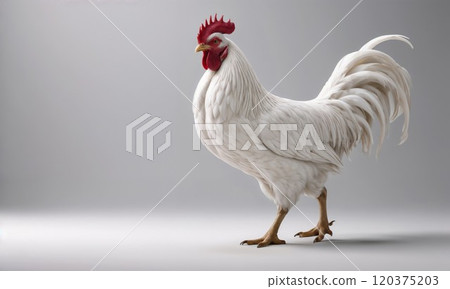 A majestic white rooster with a bright red comb and wattles stands proudly against a neutral gray background, showcasing its pristine feathers and distinctive profile. 120375203