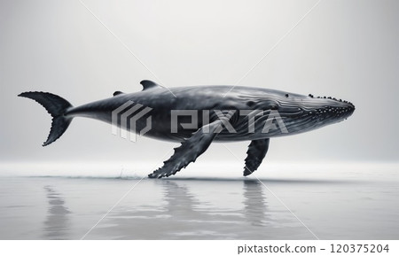 A majestic humpback whale gracefully glides above a calm water surface, showcasing its textured skin and natural beauty against a minimalist backdrop 120375204