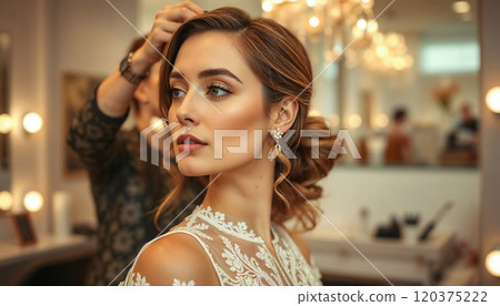 Elegant bride in a white lace dress with intricate embroidery, showcasing professional wedding makeup and hairstyle in a beauty salon with warm lighting 120375222